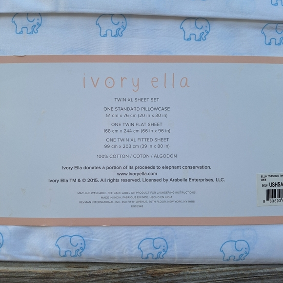 NEW Ivory Ella Twin XL Bed Sheets Save the Elephants Blue Print 100% Cotton RARE - Picture 6 of 6